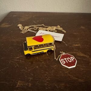 Betsy Johnson- Yellow School Bus Necklace with Heart and Stop Sign Charm